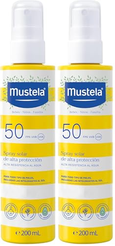 Mustela Leche Solar en Spray Spf 50, Rostro, Cuerpo, Con Aguacate y Vitamina E, Bebés, Niños, Toda la Familia, Adecuada para el Embarazo - Muy Alta Protección contra los Rayos UVB y UVA (200ml)