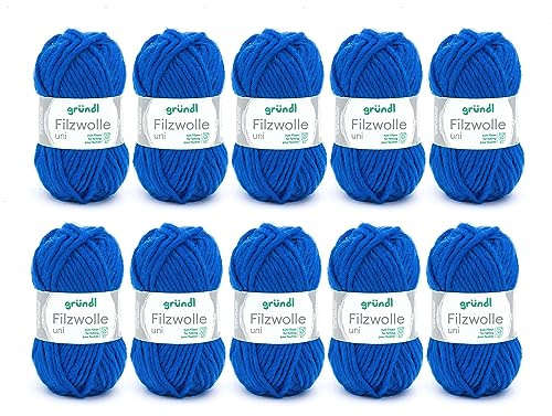 Gründl Wolle Filzwolle uni - Dicke Wolle zum Filzen in der Waschmaschine - Strickgarn zum Filzen - Weich und hautfreundlich - 100% Schurwolle - 10 Knäuel 50 g /50 m -Nadelstärke 8-9 - Royalblau