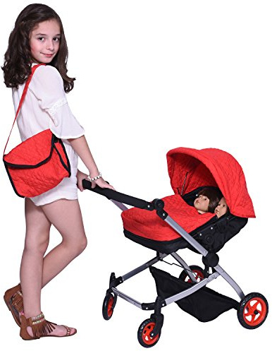 The New York Doll Collection Modern Twin Doll - Deluxe Baby Boo Pram Red Quilted Fabric - Adjustable Height - Free Nappy Bag - Extra Tall for 18 inch/46 cm dolls A184