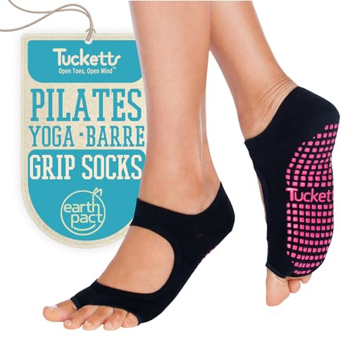Tucketts Allegro Toeless Non-Slip Grip Socks, Recycled Cotton, Made in Colombia, Mary Jane Style Perfect for Yoga, Barre, Pilates, One Size Fits Most, 1 Pair, Black Swan
