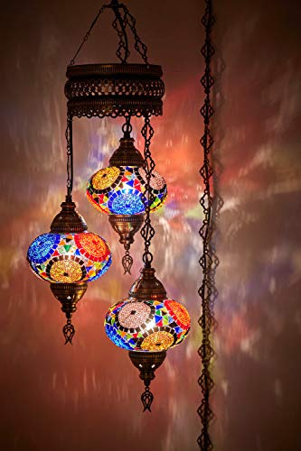 DEMMEX Lámpara colgante turca enchufable, hecha a mano con mosaico marroquí con cable de 15 pies y cadena, lámpara de techo decorativa para sala de estar, dormitorio, 3 globos grandes de 7 pulgadas