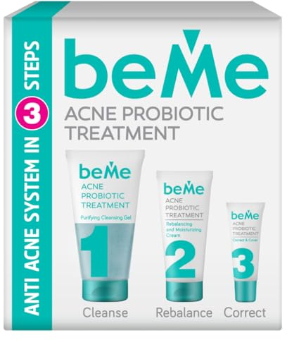beMe Anti-Akne 3-Stufen-System mit Probiotika, Value Pack, 3 in 1 Lösung für problematische Haut - Reinigungsgel, Feuchtigkeitscreme und Korrektor Pickel sitck