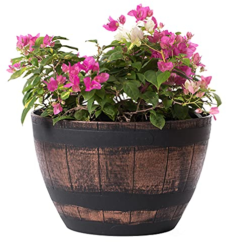 Pflanzschale für den Außenbereich, rustikal, halbes Fass, Blume, Garten, Kunststoff, groß, Braun