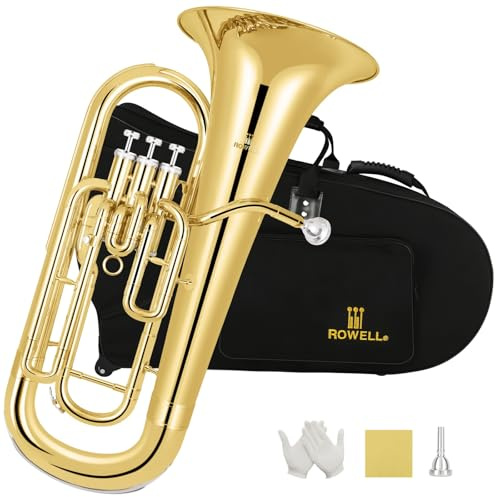ROWELL Euphonium 3 Valves Bb Brass Lacquer Gold 3 Stainless Steel Pistons Student Euphonium Beginners Intermediate Euphoniums with Case Gloves and Polishing Cloth