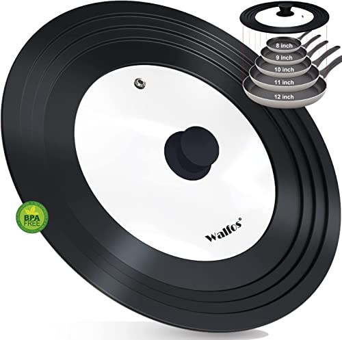 Walfos Universal Pan Lid - Pot Lid for Pots, Pans and Skillets, with Unique Enlarged Heat Resistant Silicone Rim and Tempered Glass, Fits 8 to 12 Diameter Cookware, BPA Free (1 Piece)