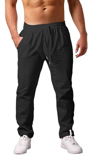 Heekpek Pantalones Lino Hombre Verano Casual Cómodos Ligeros con Cordón, Negro, L