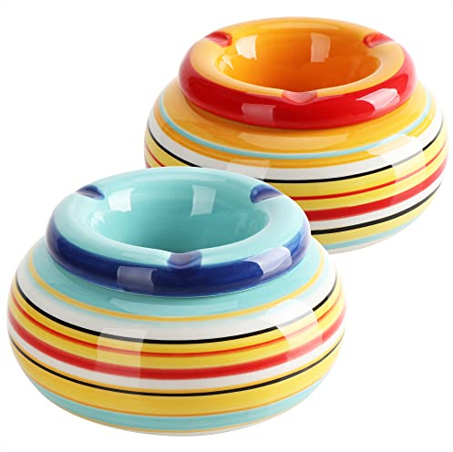 com-four® 2x Windaschenbecher aus Dolomit-Keramik - wetterfeste Sturmaschenbecher mit bunten Streifen - großer Tischaschenbecher mit Deckel (02 Stück 11cm blau orange)