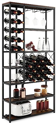 COSTWAY Portabottiglie da Terra, Cantinetta Portabottiglie Vino con Telaio in Metallo e 6 Ripiani, per 27 Bottiglie di Vino e 12 Bicchieri, per Cucina, Sala da Pranzo, 81 x 23 x 166 cm