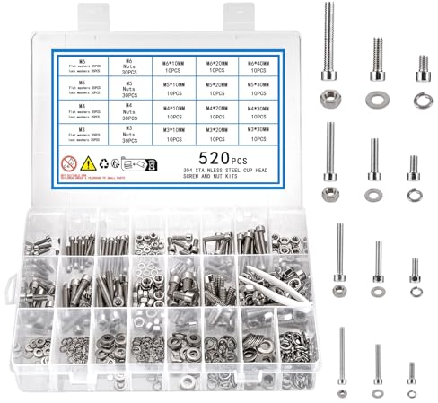 KOXXIAMOQ Ensemble de 520 Vis, M3 M4 M5 M6 Vis à Tête Cylindrique avec Hexagone Interne, Écrous et Rondelles, Assortiment de Vis en Acier Inoxydable, Vis de Machine et Écrous(520)