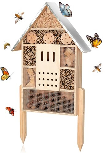 antiai Extra Large Wooden Insect House with Stakes,Wood Mason Bee Butterfly House,Insect Hotel,an Outdoor Bamboo Habitat for Ladybugs Live,Bee Box,Butterfly Habitat for Garden and Yard,30 H x15 W