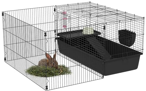 PawHut 99 cm Kleintierkäfig mit Laufstall, Kleintierstall mit Wasserflasche, Futternapf, Nagerkäfig mit Futtertrog, Meerschweinchenkäfig für Kleintiere Stahl Schwarz
