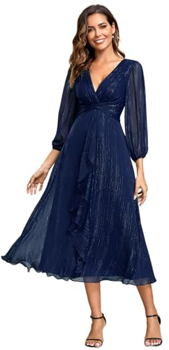 Ever-Pretty Vestito Elegante Donna Cerimonia Manica Lunga Collo A V Gonna Midi Abito da Sera Blu Navy 36