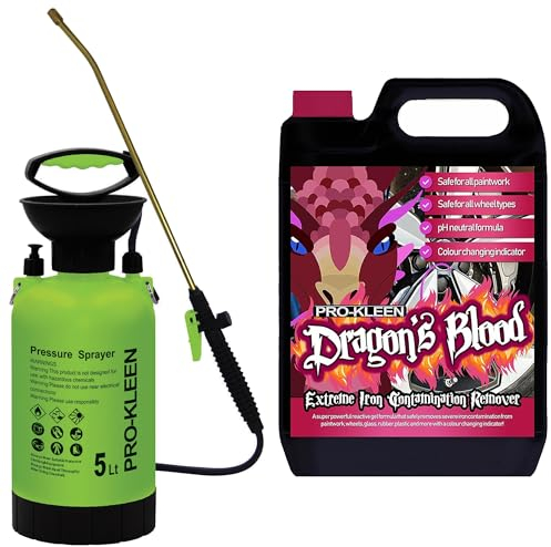 Pro-Kleen Dragon's Blood Extreme Iron Contamination Fallout Remover 5L - For all Wheels, Paintwork & Glass, Concentrated, pH Neutral, Alloy Wheel Rim Cleaner with 5L Garden Pump Sprayer