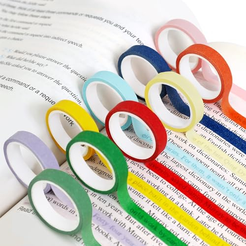 KIKIGOAL Cinta resaltadora, 10 rollos de pestañas adhesivas transparentes para escribir, notas adhesivas finas extraíbles, pestañas de índice coloridas para estudiantes, profesores, clases de lectura,