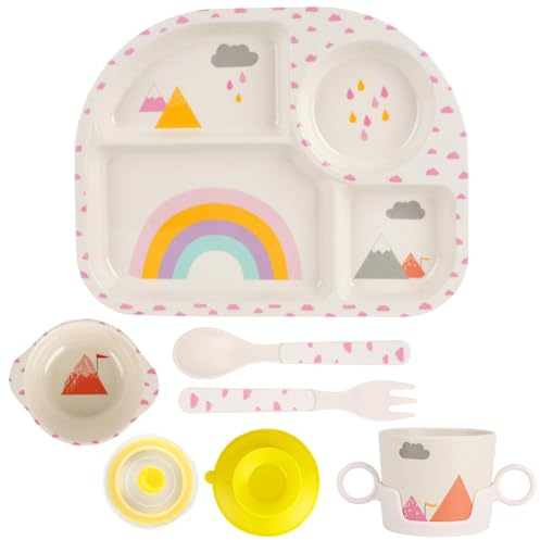LOMUG Kindergeschirr Set ohne Melamin, 5-teiliges Geschirr Set mit Saugnapf,Baby Menü Tablett,Baby Teller, rutschfest BPA Frei,Teller,Becher mit Deckel,Löffel, Gabel für Kinder,Spülmaschinenfest