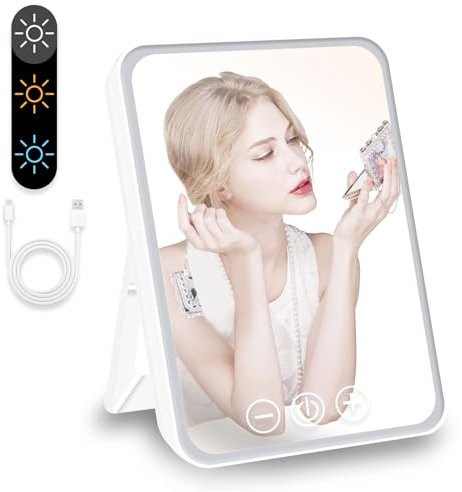 Vanity Mirror with Lights, Folding Tabletop Mirror Rechargeable Light Up Makeup Mirror Portable Travel Mirrors with 3 Color Lighting Vanity Mirrors for Office Desk,Vanity Table, Travel