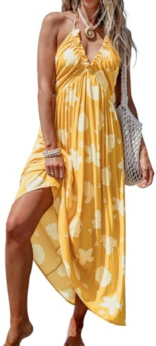 CUPSHE Damen Rückenfreies Strandkleid Neckholder Rüschen Plunge V-Ausschnitt Ärmellos Maxi Sommerkleid Sommerkleider, Mittel