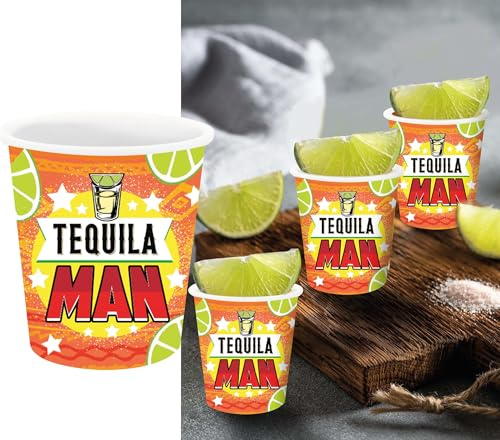FIESTAS GUIRCA | 3 Engångs Tequila Man-skott (5 x 6 cm) - Bordsdekoration för sommar- och examensfester - Perfekt för Hawaiian och Tropiska fester - Orange, Gul