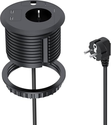 BQO inbyggt skrivbordsuttag med USB, fördjupningsuttag med 2 USB-C för köksbänk, 2 m kabel Ø 80 mm, svart