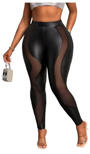 WDIRARA Women's Plus Size Mesh PU Leather Skinny Pants Elastic Waist Leggings Black X-Large Plus