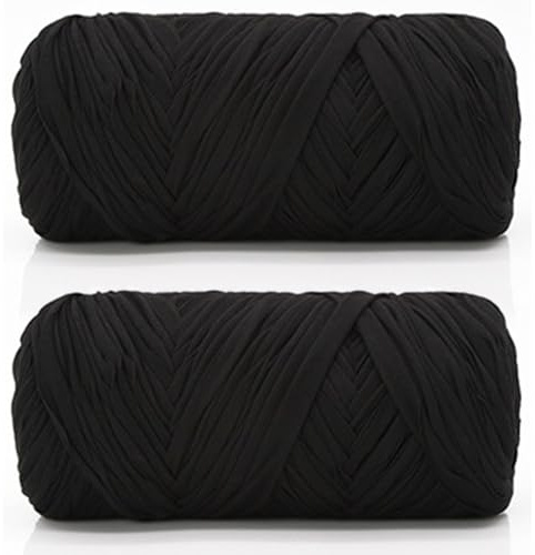T-shirt garn – set om 2 (200 g/75 m), textilgarn, bandgarn för virkning och stickning, garn för gör-det-själv-handväska, väskor, mattor, vävning och gör-det-själv-hantverk (bläcksvart)