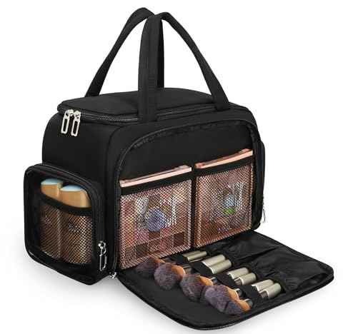 WGEAR Travel Makeup Bag, Lightweight Wide-open Toiletry Bag for Women, Portable Cosmetic Bag Organizer with Handle for Accessories, Brushes Set, Travel-Sized Container for Trip, Camping - Black