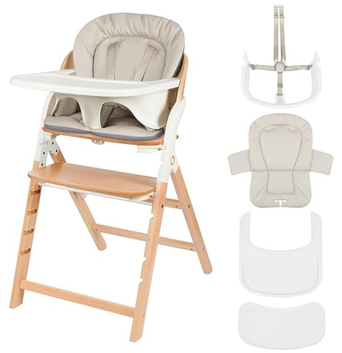 LIONELO Chaise Haute en Bois Megan, Évolutive de 6 mois à 110 kg, Repose-pieds Réglable, Ceintures 5 Points, Coussin d'Assise, Nettoyage Facile (White)