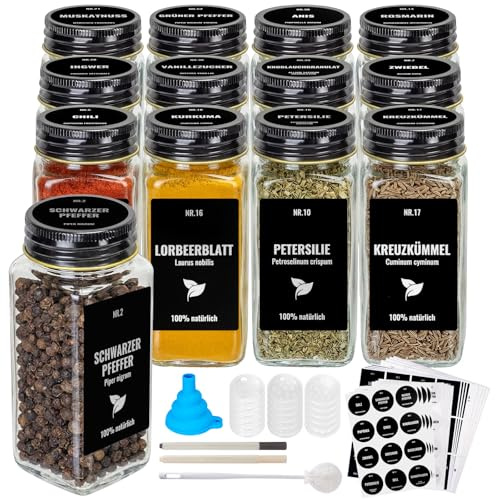 Boic 12pcs Botes Especias Cristal, 120ml Tarros De Especias Cuadrados, Cuadrado Botes Para Especias Con Embudo, Tarros Especias Cristal Con Etiqueta Alemana Y Blanco Para Parrilla, Cocina