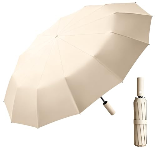 Betrynidil Sturmfest Regenschirm, 24 Knochen Kompakter Taschenschirm Automatik - Robust, Wasserdicht & Leicht, Perfekt für Reise, Rucksack & Handtasche Damen Herren (Beige)