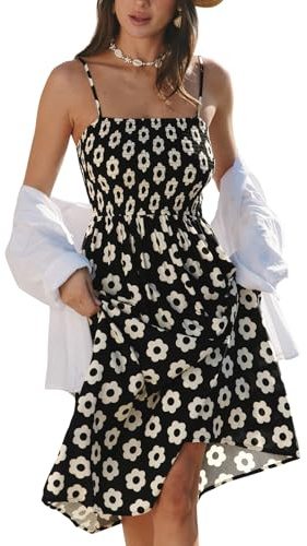 CUPSHE Abito lungo da donna, floreale a pois, senza maniche, smocked, con ruches, spalline sottili, abito estivo lungo da spiaggia, Nero , M