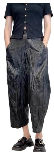 Women Wrinkled Leather Harem Pants Army Loose Cropped Trousers Ankle-Length Pants Black L