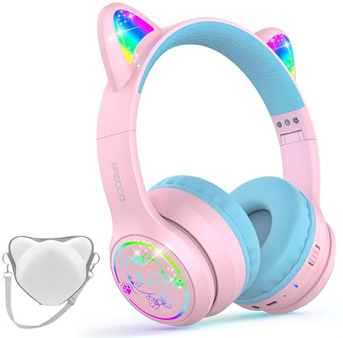IFECCO Cuffie Bluetooth per bambini senza fili con custodia – Cuffie over-ear con luci LED, orecchie da gatto, limitazione del volume a 85 dBA, microfono integrato, compatibili con iPad/tablet/scuola