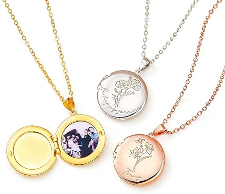 Collana con medaglione personalizzato con fiore di nascita e 1-2 foto all'interno, medaglione rotondo con foto e testo personalizzati, in argento sterling, gioiello delicato per donne, mamme, figlie