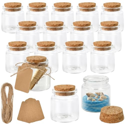 BXUUXA 16 Piezas 50ml Botellas de Cristal,Botellas Pequeñas de Cristal Mini Frascos de Vidrio con Tapón de Corcho,PortáTiles Tarros de Cristals con Etiqueta y Cordel para DIY Decora,Regalitos Boda