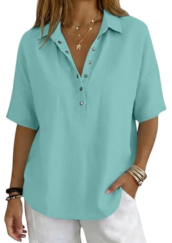 Blouse Femme Chic Et Élégant Col V Manches Courtes Couleur Unie Tunique Femme Grande Taille en Coton Et Lin Ample Fluide Vetement Ete Gaze Double Chemisier Chemise Longue