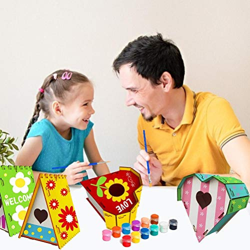 Kit Nichoir Oiseaux DIY à Peindre en Forme de Coeur, 12 Pinceaux | Assemblage puzzle sans clous ni colle, bois lisse et non toxique, activité créative pour enfants