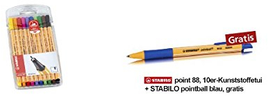 Fineliner - STABILO point 88 - 10er Pack - Standardfarben & Gratis Druck-Kugelschreiber - STABILO pointball - blau