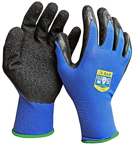 S&R Arbeits- und Schutzhandschuhe aus Nylonfaser mit Latexbeschichtung – Reißfest, Abriebfest und Flexibel für Arbeit, Handwerk, Garten und Heimwerker - 12 Paar - L/9