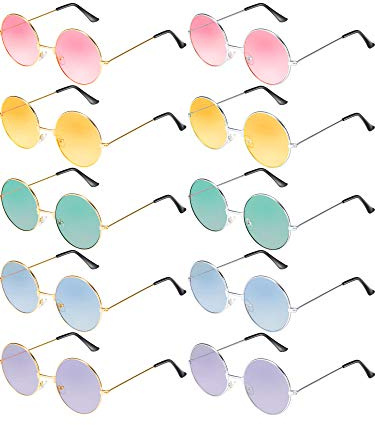 Blulu 10 Paires Lunettes de Soleil Rondes Hippie Lunettes de Soleil Rondes Multicolores de Style John des Années 60 (Cadre Or Argent)