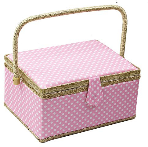 Large Wooden Sewing Basket With Accessories - Organizer Box for Supplies and DIY Crafting Tools Storage, Kit for Mending, Polka Dots (Pink)