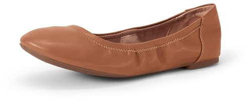 Amazon Essentials Women's Comfortable Round Toe Ballet Flats, Cushioned Memory Foam, Camel, 8.5 Wide
