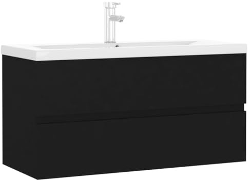 vidaXL Sink Cabinet with Built-in Basin in Black - Modern Engineered Wood Vanity Unit for Bathroom with Ceramic Washbasin & Overflow Protection