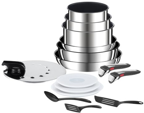 Tefal Ingenio Preference On, Kochgeschirr-Set, 15-teilig, Edelstahl, sichere Antihaftbeschichtung, stapelbar, platzsparend, Temperaturanzeige, Induktion, L9749802