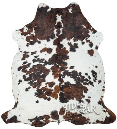 HIDES BAZAAR Original Tricolor Cowhide Rug Premium Cowhides Leather with Mixed White, Brown & Black Color Pattern - Natural Cowhide Rug for Office & Home Decor - Cow Hide Rugs 6x6-7 ft