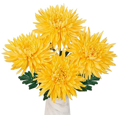 Oairse Fiori di crisantemo artificiali grandi, 15,2 cm, 4 pezzi, fiori di seta con stelo lungo 65 cm, fiori finti gialli, crisantemi spider finti per decorazioni autunnali, composizioni floreali