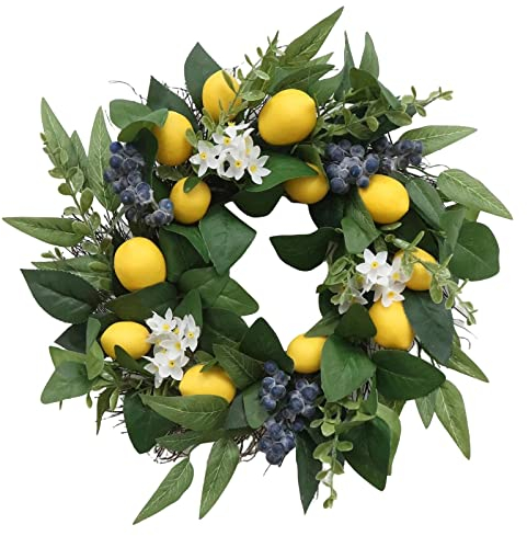 Ganzjährig Türkranz,50cm Frühlingskranz Zitronen Blaubeeren Kränze Dekorative Girlande Blumenkranz Deko Hochzeit Wanddeko Frühlingsdeko Willkommens Kranz Frühlingsdekoration Türdekoration (Gelb, 50cm)