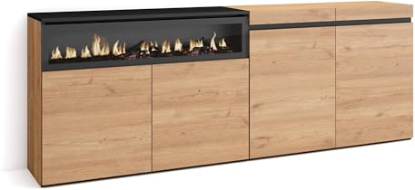 Skraut Home | Aparadores para salón | Gran Capacidad de almacenaje | 200x75x35cm | 4 Puertas | Chimenea eléctrica | Estilo Moderno | Roble y Negro