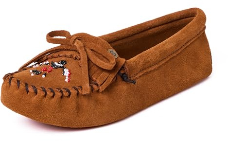 Minnetonka Women's Thunderbird Animikii Soft Leather Sole Beaded Moccasins, Brown, 7.5 M US