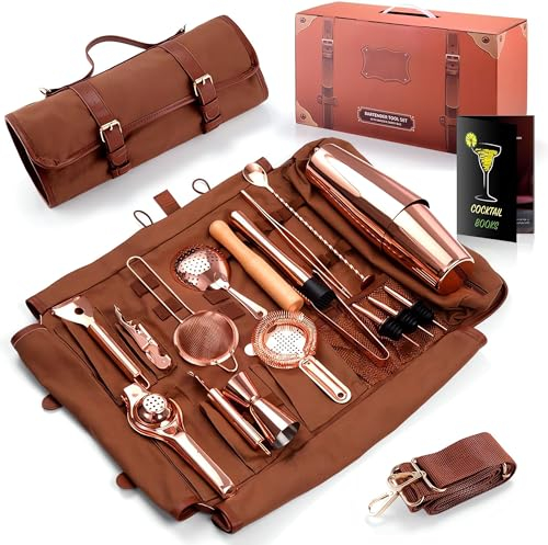 Eligara Kit Bartender Professionale di 17 Pezzi, Set Cocktail Shaker, Set Professionale da Bar Portatile per Cocktail, Borsa Kit Bar in Canvas Cerato con Tracolla per Barman, Feste
