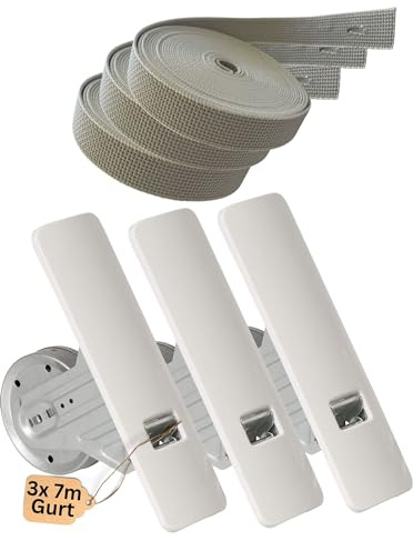 Rollwin 3 avvolgitori per tapparelle da incasso da 165 mm a 185 mm, distanza tra i fori – con cinghia da 7 m, cinghia da 23 mm con avvolgitore per cinghia, apertura a clip, colore bianco, avvolgicavo,
